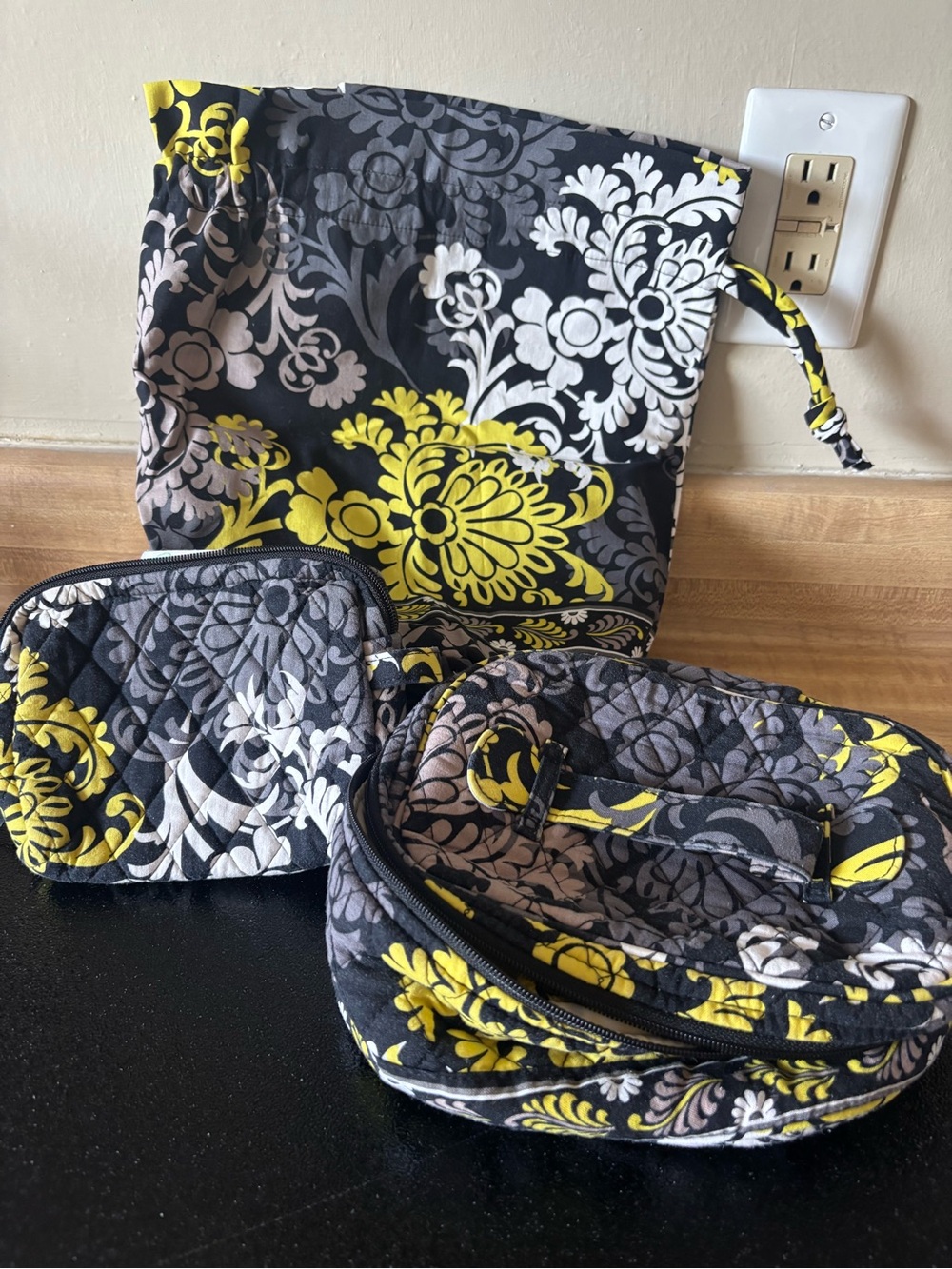 Vera Bradley Quilted Cosmetic Set in Yellow, Gray & White Floral